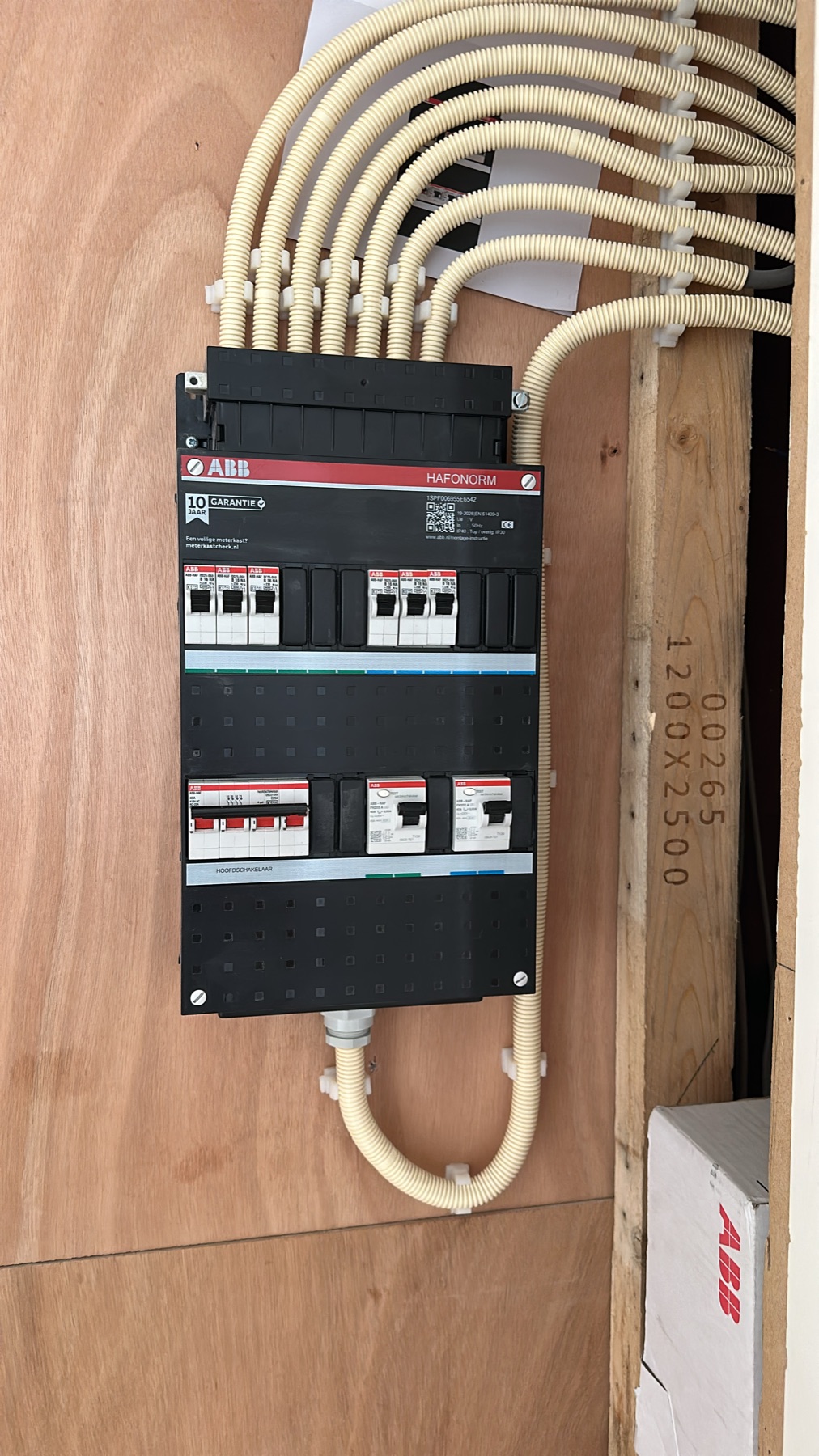 Netjes aangelegde ABB-groepenkast met gebundelde leidingen